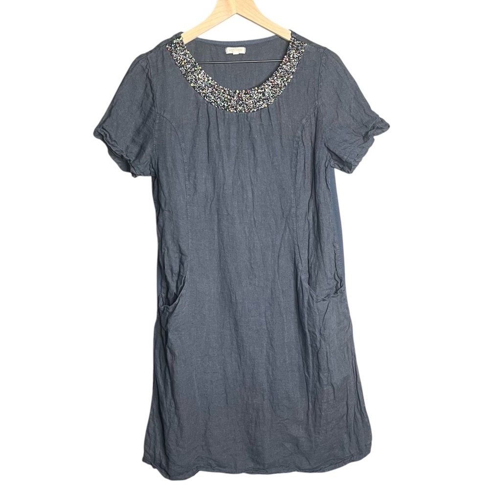 Lina Tomei Linen Shift Dress Embellished Size Large Pockets